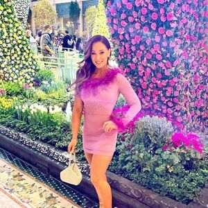 NBD Purple One Shoulder Bodycon Dress with Feather Cuffs